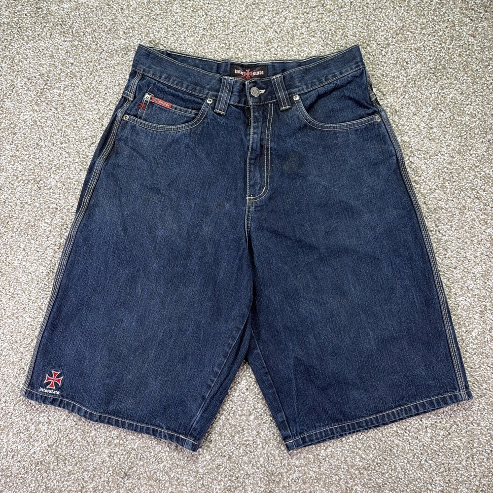 Vintage Interstate Jean Shorts Iron Cross Embroidered Y2K Size 30 Hiphop Rare